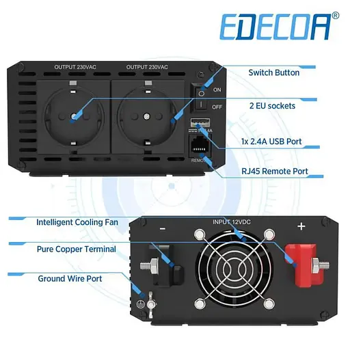 Інвертор перетворювач напруги Edecoa Spannungswandler 12-230V 1000W / 2000W чистий синус (дві розетки) - фото 3