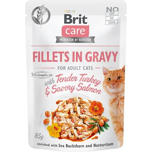 Влажный корм Brit Care Cat Pouch для кошек филе в соусе нежная индейка и пикантный лосось 85 г - фото 1