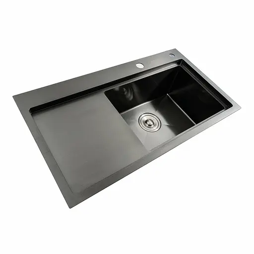 Кухонна мийка чорна PVD 78x43 R Platinum Handmade (два отвори, круглий сифон 3,0/0,8), Чорний - фото 4