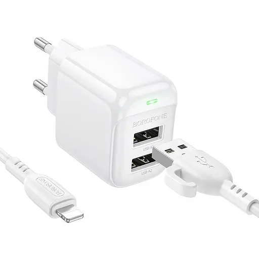 Мережевий зарядний пристрій з кабелем Borofone BAS41A Potential dual-port charger set(iP) білий - фото 3