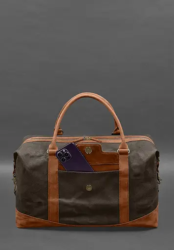 Дорожная сумка из коричневого конваса и натуральной кожи Crazy Horse светло-коричневая - фото 3