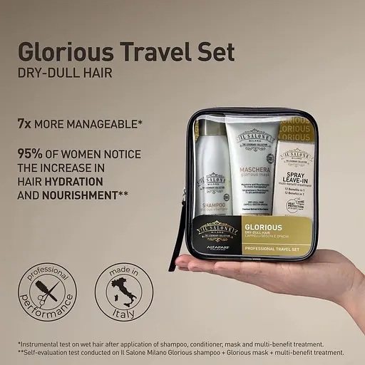 Набор для путешествий Il Salone Glorious: Шампунь 100 мл + Маска для волос 75 ​​мл + Спрей для волос 18 мл + Косметичка - фото 2