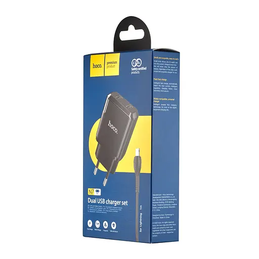 Мережевий зарядний пристрій Hoco N7 Speedy dual port charger set Lightning ( EU ) Чорний - фото 2