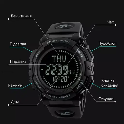 Часы мужские спортивные с компасом Skmei 1290 (Черные) - фото 6