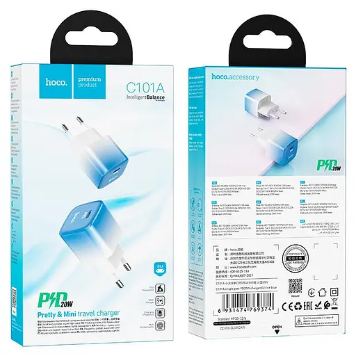 Адаптер зарядний - блок живлення Hoco C101A single port PD20W charger біло-синій - фото 3