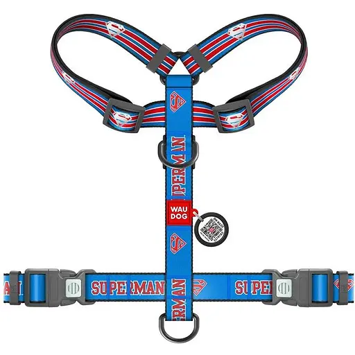 Шлея для собак Waudog Nylon анатомічна H-подібна з QR-паспортом, світловідбивна, малюнок "Супермен Ретро", пластиковий фастекс, L - фото 2