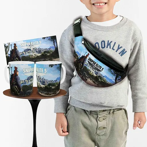 Набор: детская сумка-бананка+кружка Sniper Elite5 32х15см,бананка для мальчика через плечо на подарок (00885)
