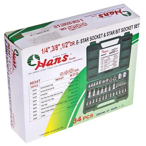 Набір торцевих головок Hans 1/2, 3/8, 1/4 внутрішній і зовнішній torx 34 предмети (9634Т) - фото 2