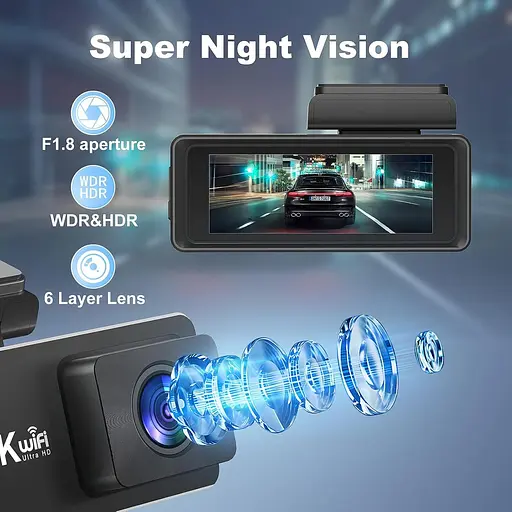 Видеорегистратор спереди и сзади 4k+1080P, CHORTAU WiFi Dual Dash Cam с приложением, 2,99-м' IPS видеорегистратор для автомобилей - фото 4