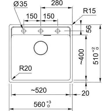 Кухонна мийка Franke Maris, фраграніт, прямокутник, без крил, 560х510х200мм, чаша - 1, врізна, MRG 610-52 TL, чорний матовий - фото 2