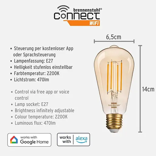 Вінтажна лампочка Brennenstuhl Connect WiFi Filament LED Lamp Edison (вінтажна лампочка, сумісна з Amazon Alexa та Google Assistan - фото 3