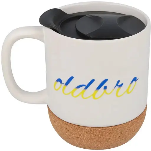 Керамічний кавовий кухоль OldBro White Ukraine 400 мл з корковим дном і кришкою - фото 1