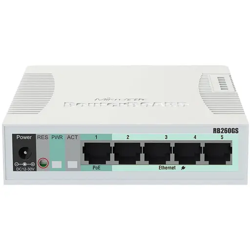 Коммутатор Mikrotik RB260GS, 5-port Gigabit smart switch with SFP cage, SwOS, plastic case, PSU