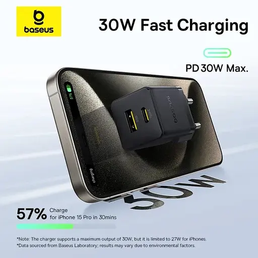 Мережевий зарядний пристрій швидкісний блок живлення Baseus Palm Fast Charger C+U 30W черный (P1011160A113-00) - фото 7