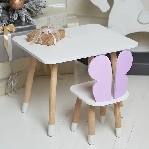 Дитячий прямокутний столик (Білий) та стільчик Метелик (Фіолетовий)