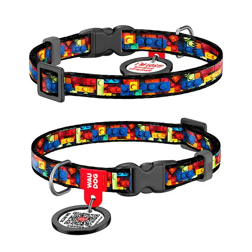 Ошейник для кошек и мелких пород собак нейлоновый Waudog Nylon с QR-паспортом "Блоки" пластиковый фастекс XS Ш 10