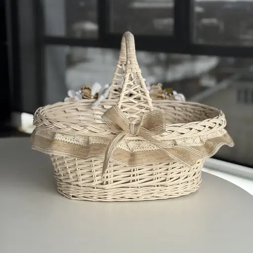 Пасхальная корзина 38х28см hand-made MIS LT бежевая с бежевым декором большая - фото 4