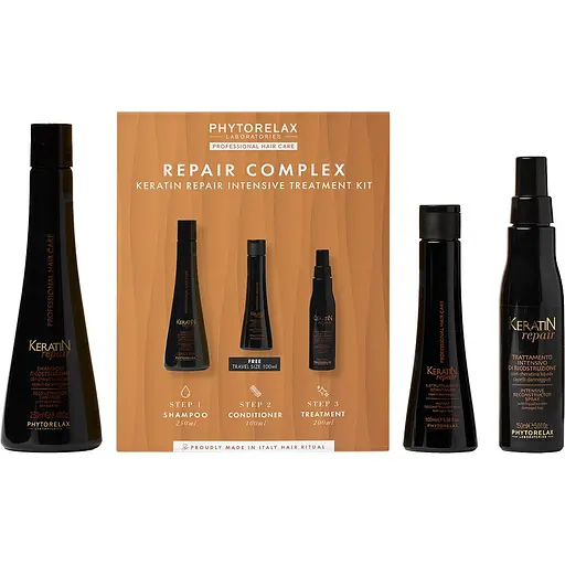 Набір Phytorelax Keratin Repair: шампунь для відновлення волосся 250 мл + інтенсивний відновлюючий спрей 150 мл + молочко для миттєвого відновлення волосся 100 мл