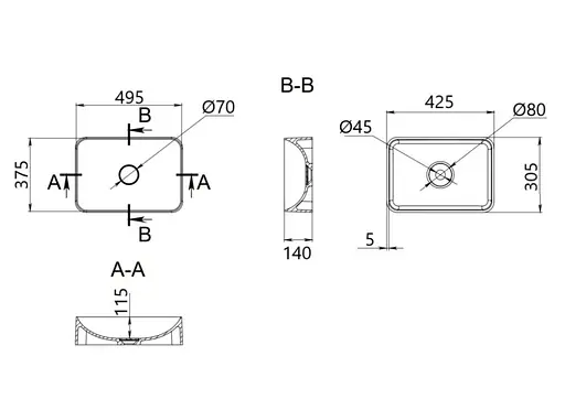Раковина накладна Qtap Robin Anthracite, прямокутна, з донним клапаном QT04116302AN - фото 6