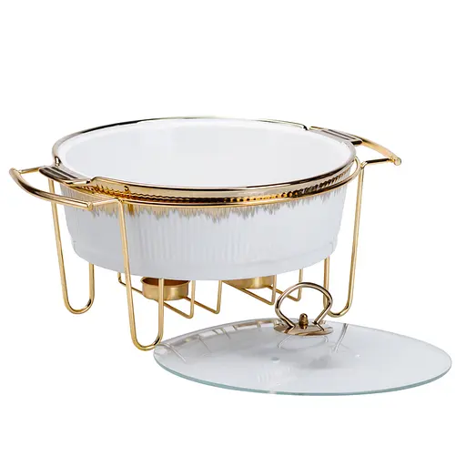 Мармит круглый 3 литра настольный с 2 подогревами для блюд керамический на металлической подставке с крышкой Белый с золотым - фото 3