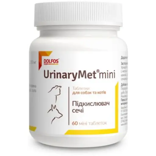 Вітамінно-мінеральна добавка Dolfos UrinoMet mini для регулювання кислотності сечі для котів та собак 60 міні таблеток (1704-60)