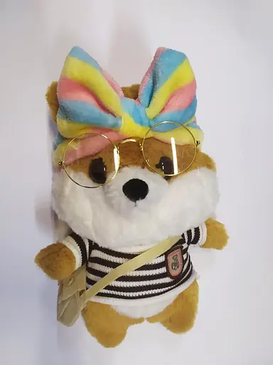 Собачка Lalafanfan мягкая плюшевая Сиба-Ину в одежде и в очках коричнева в полоску - фото 1