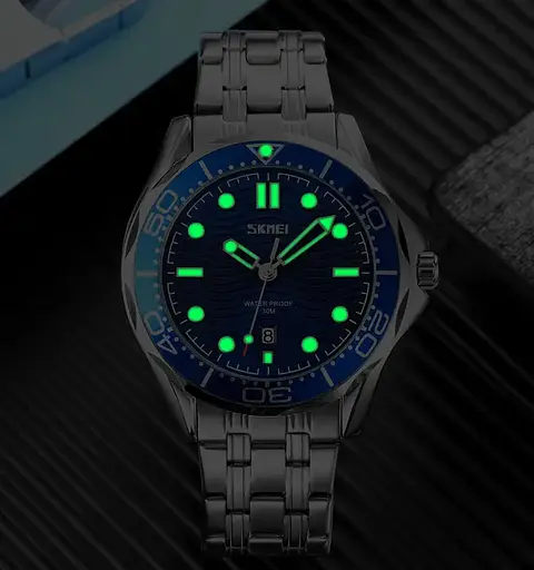 Чоловічий класичний годинник Skmei 9276 (Сріблястий з синім циферблатом) - фото 4