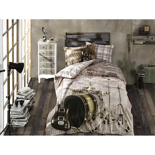 Комплект постільної білизни Hobby Poplin Rock Music, поплін, 220х160 см, бежевий (41087_1,5)