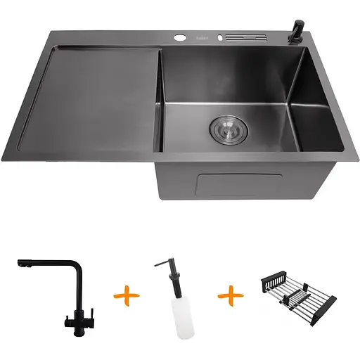 Комплект чорної кухонної мийки та змішувача Nett з нержавіючої сталі NB-7848 - фото 7