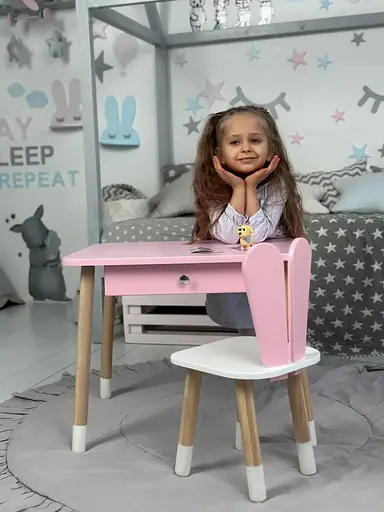Дитячий столик зі стільцем Зайчик та ящиком для олівців та розмальовок (Рожевий) - фото 5