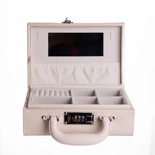 Скринька для прикрас екошкіра 2 яруси з кодовим замком 24×16×9.5 см органайзер для прикрас Бежевий Yiwu HP-5-24BE - фото 1