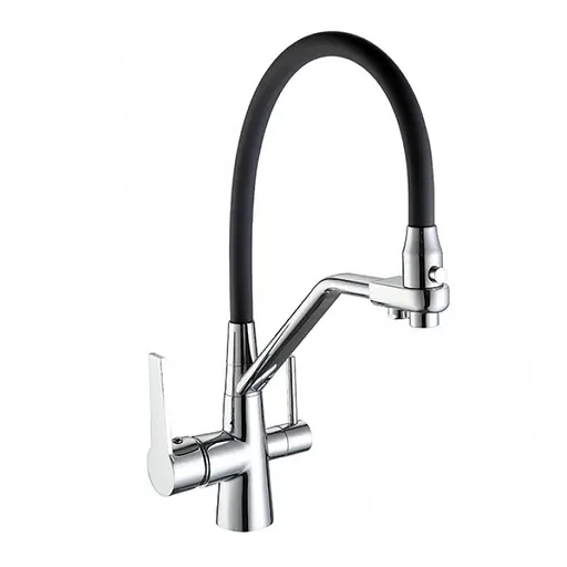 Смеситель для кухни однорычажный гибкий гусак под фильтр латунь гайка Ø35 хром/черный Frap 1/10 F4374-1 Черный матовый - фото 2