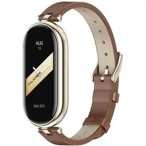 Кожаный ремешок MiJobs для фитнес-браслета Xiaomi Mi Band 8 и 9 Type A коричневый, держатель - золотистый