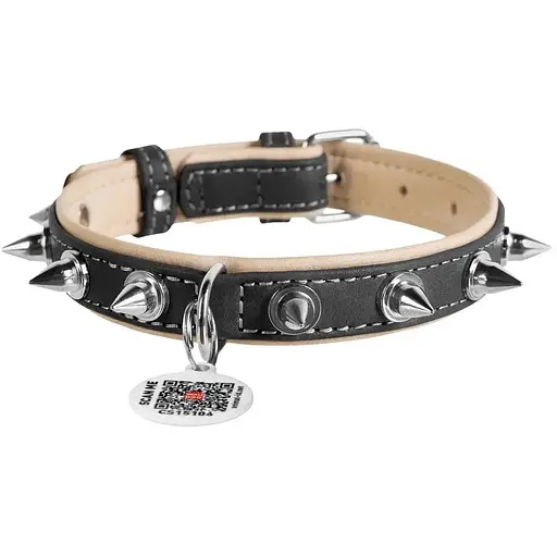 Ошейник для собак Waudog Soft с QR паспортом кожаный с шипами Ш 35 мм, Д 46-60 см черный - фото 2