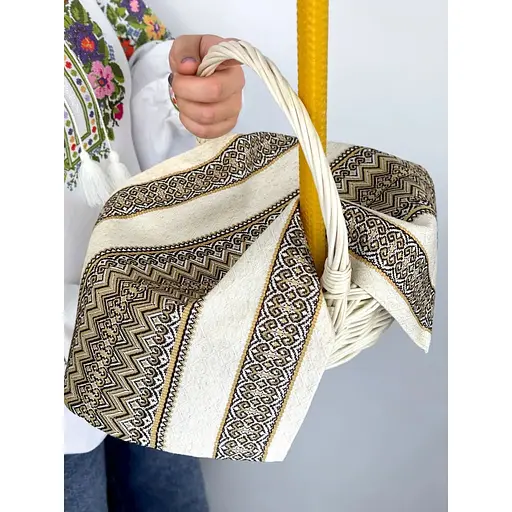 Комплект Великодній кошик Буковина (маленький) з лляним рушником 45х30 см Рандеву (коричневий) та свічкою