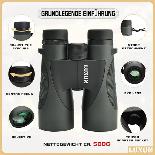 Бинокль LUXUN 12x50 HD для взрослых с чехлом для адаптера для смартфона, 20-миллиметровым охотничьим биноклем с покрытием FMC - фото 4