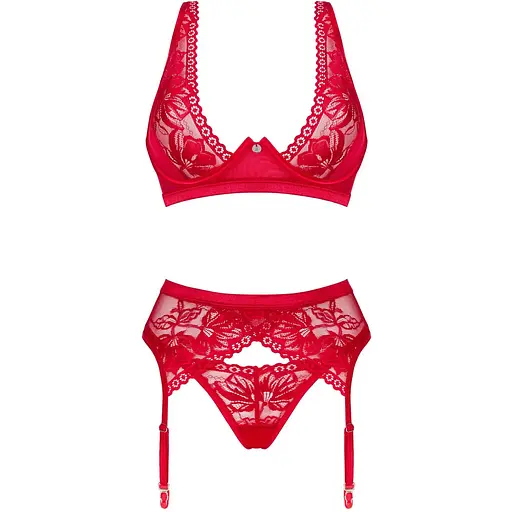 Комплект білизни Obsessive Lacelove cupless 3-pcs set M/L Red, бюстгальтер, стрінги, пояс для панчіх - фото 3