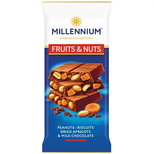 Шоколад Millennium Fruits&Nuts молочный с арахисом, бисквитом, курагой и миндалем 90г - фото 1