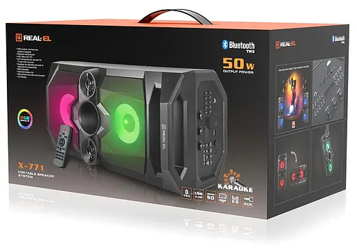 Колонка портативна 2.0 Real-El X-771 Black 2 x 25 Вт пластиковий корпус Bluetooth MicroSD/USB акумулятор 8000 мАг - фото 5