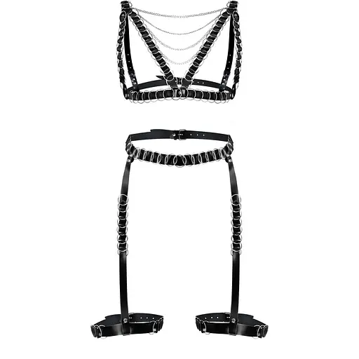 Сексуальний набір гартери та портупея Art of Sex - Geneva прикрашені кільцями, Натуральна шкіра,XS-M