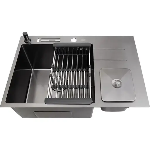 Чорна кухонна мийка Nett NBM-7047 з нержавійки з вбудованим смітником - фото 5