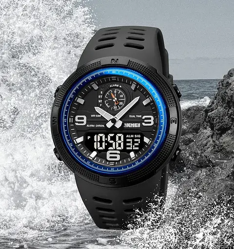 Чоловічий спортивний годинник Skmei 1655 (Чорний з синім) - фото 6