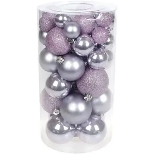Набір ніжно лілових ялинкових куль 40 шт 3 см 4 см 5 см 6 см з гліттером та перламутром пластикові у прозорій тубі - фото 1