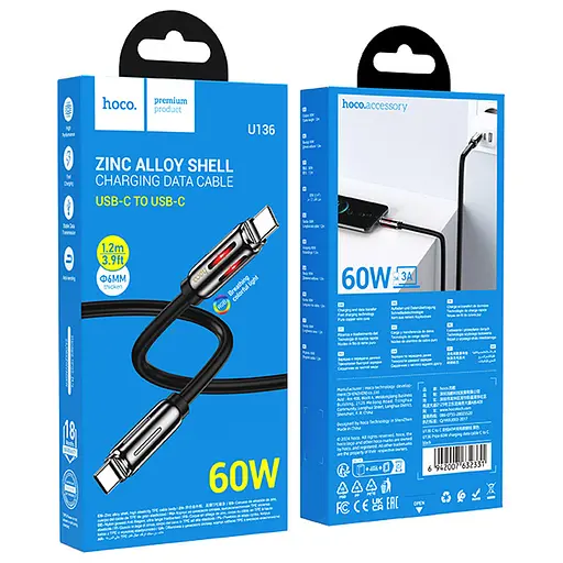 Дата кабель Hoco U136 Prize Type-C to Type-C 60W (1.2m) Black - фото 4