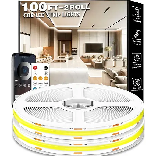 Світлодіодна стрічка COB 100FT/30M, затемнена яскравий колір денного світла 6500K, клейка