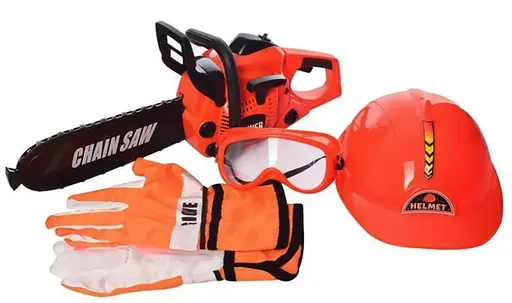 Дитячий ігровий набір інструментів Keyi бензопила, маска, рукавички, каска, на батарейках в коробці Помаранчевий - фото 1