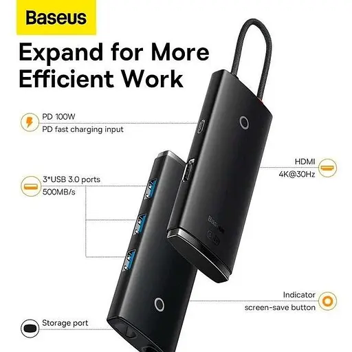 USB-хаб Baseus Lite Series 5-Port Type-C HUB Docking Station Black (WKQX040001) [89299] - фото 9