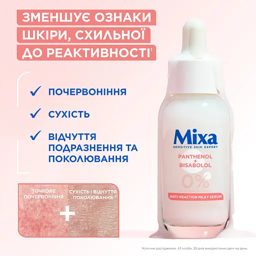 Сыворотка с пантенолом Mixa Anti-Reaction Milky Serum для успокоения и уменьшения раздражений чувствительной кожи лица 30 мл - фото 6