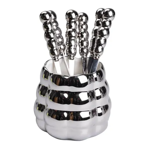 Набір десертних вилок та ложок Yiwu з порцеляновою підставкою сріблястий HP-20-61 - фото 3