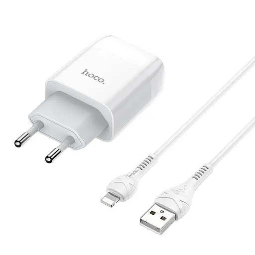 Мережевий зарядний пристрій з кабелем Hoco C73A Glorious dual port charger set (iP)(EU) білий - фото 1
